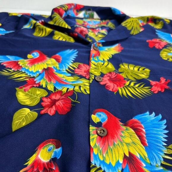 Alvish Hawaiian NAVY Shirt Parrot Floral Beach Aloha Party Short Sleeve Large - Picture 3 of 8